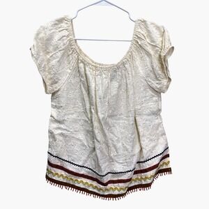 F.L. Malik Linen Cream Embroidered Peasant Top Blouse Size L Made in USA